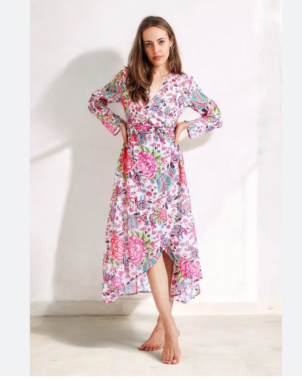 Debbie Katz inez Zara pink floral midi wrap sheer summer resort dress XS